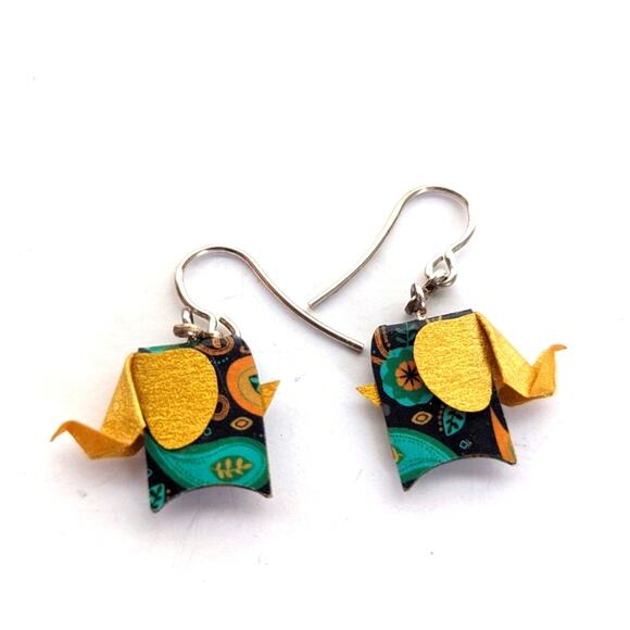 Artisan Sterling Silver Hook Paisley Print Origami Elephant Dangle Drop Earrings - Picture 1 of 4